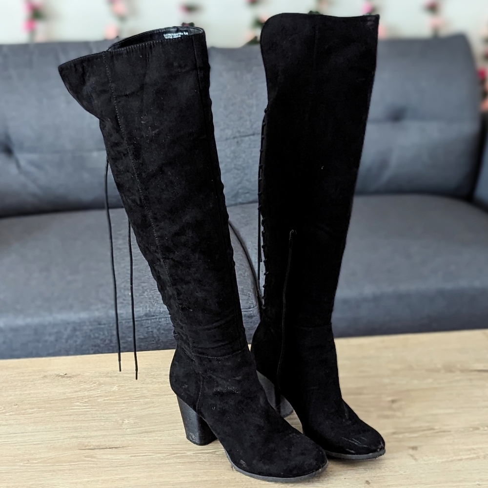 Madden Girl Over the Knee Black Suede Boots, Ankle Zip, Corset Tie Back, 8‎
